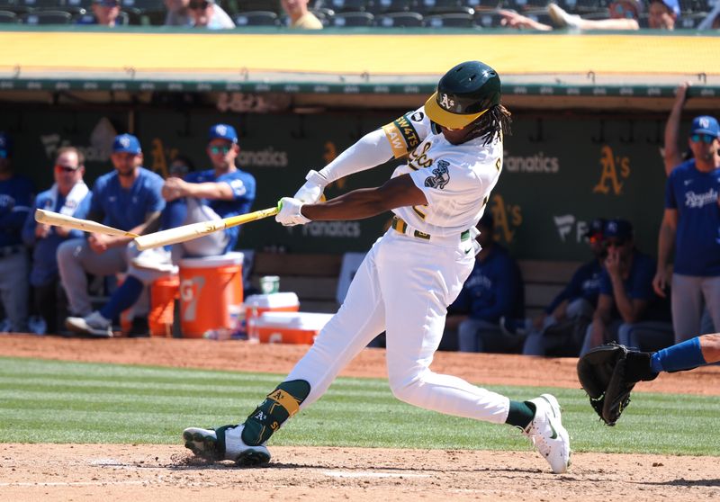 Aug 23, 2023; Oakland, California, USA; Oakland Athletics center fielder Lawrence Butler (22) splits the bat on a hit against the Oakland Athletics during the eighth inning at Oakland-Alameda County Coliseum. Mandatory Credit: Kelley L Cox-USA TODAY Sports