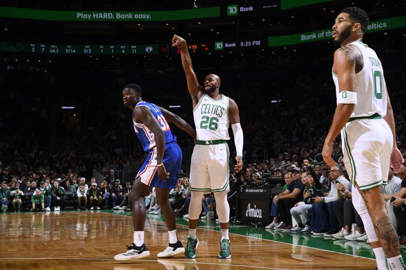 BOSTON, MA - OCTOBER 12: Xavier Tillman #26 of the Boston Celtics looks on during the game against the Philadelphia 76ers during a NBA Preseason game on October 12, 2024 at TD Garden in Boston, Massachusetts. NOTE TO USER: User expressly acknowledges and agrees that, by downloading and/or using this Photograph, user is consenting to the terms and conditions of the Getty Images License Agreement. Mandatory Copyright Notice: Copyright 2024 NBAE (Photo by Brian Babineau/NBAE via Getty Images)