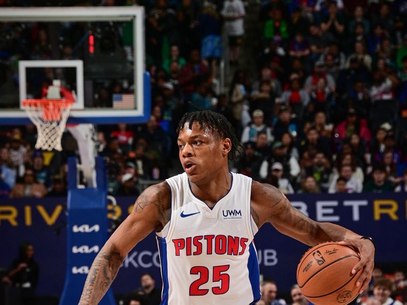 DETROIT, MI - MARCH 17: Marcus Sasser #25 of the Detroit Pistons handles the ball during the game  on March 17, 2024 at Little Caesars Arena in Detroit, Michigan. NOTE TO USER: User expressly acknowledges and agrees that, by downloading and/or using this photograph, User is consenting to the terms and conditions of the Getty Images License Agreement. Mandatory Copyright Notice: Copyright 2024 NBAE (Photo by Chris Schwegler/NBAE via Getty Images)