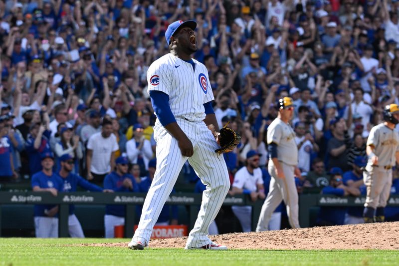 May 4, 2024; Chicago, Illinois, USA; Chicago Cubs pitcher Héctor Neris (51) reacts after beating the Milwaukee Brewers  at Wrigley Field. Mandatory Credit: Matt Marton-USA TODAY Sports