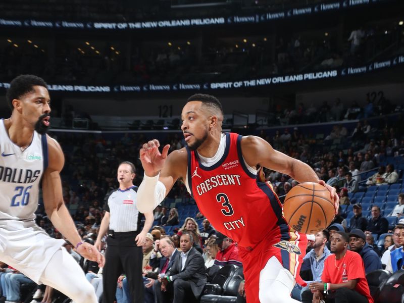 NEW ORLEANS, LA - JANUARY 29: CJ McCollum #3 of the New Orleans Pelicans drives to the basket during the game against the Dallas Mavericks on January 29, 2025 at the Smoothie King Center in New Orleans, Louisiana. NOTE TO USER: User expressly acknowledges and agrees that, by downloading and or using this Photograph, user is consenting to the terms and conditions of the Getty Images License Agreement. Mandatory Copyright Notice: Copyright 2025 NBAE (Photo by Layne Murdoch Jr./NBAE via Getty Images)