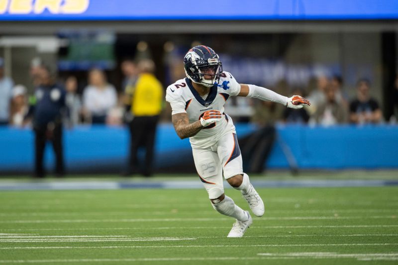 Denver Broncos cornerback Pat Surtain II (2) runs during an NFL football game against the Los Angeles Chargers, Sunday, Dec. 10, 2023, in Inglewood, Calif. (AP Photo/Kyusung Gong)