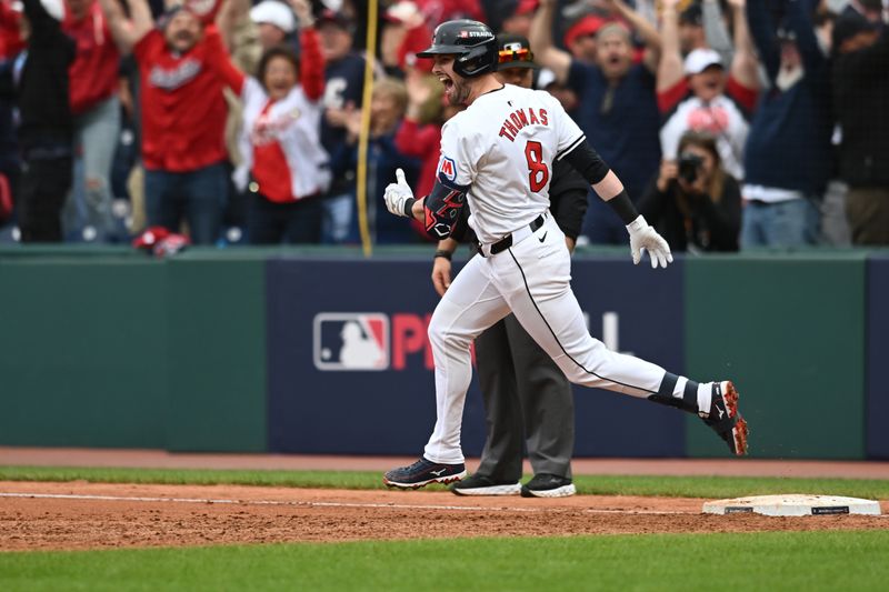Oct 12, 2024; Cleveland, Ohio, USA; Cleveland Guardians outfielder Lane Thomas (8) runs the bases after hitting a grand slam in the fifth inning against the Detroit Tigers during game five of the ALDS for the 2024 MLB Playoffs at Progressive Field. Mandatory Credit: Ken Blaze-Imagn Images