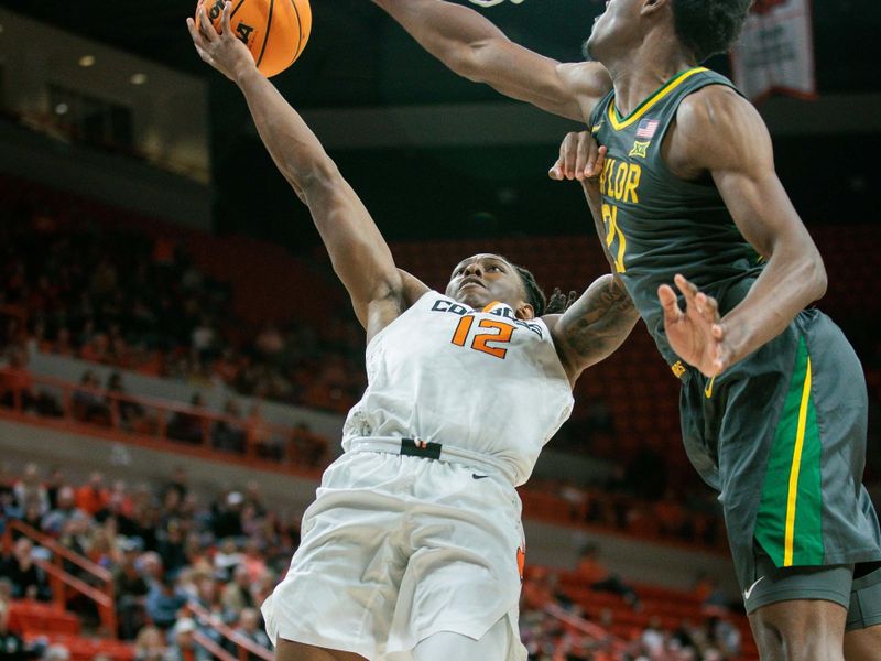 Jan 6, 2024; Stillwater, Oklahoma, USA;  Oklahoma State Cowboys guard Javon Small (12) puts up a shot around Baylor Bears forward Jalen Bridges (11) during the first half at Gallagher-Iba Arena. Mandatory Credit: William Purnell-USA TODAY Sports