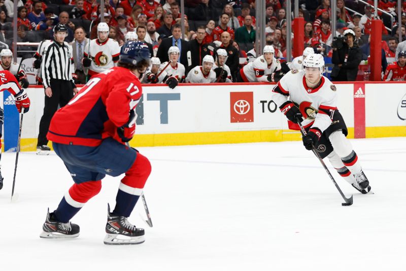 Apr 7, 2024; Washington, District of Columbia, USA; Ottawa Senators center Ridly Greig (71) skates with the puck as Washington Capitals center Dylan Strome (17) in overtime at Capital One Arena. Mandatory Credit: Geoff Burke-USA TODAY Sports