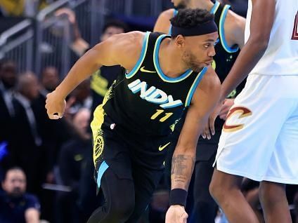 INDIANAPOLIS, INDIANA - NOVEMBER 03: Bruce Brown #11 of the Indiana Pacers reacts after a three pointe shot during the first half of the game against the Cleveland Cavaliers during the NBA In-Season Tournament at Gainbridge Fieldhouse on November 03, 2023 in Indianapolis, Indiana. NOTE TO USER: User expressly acknowledges and agrees that, by downloading and or using this photograph, User is consenting to the terms and conditions of the Getty Images License Agreement. (Photo by Justin Casterline/Getty Images)