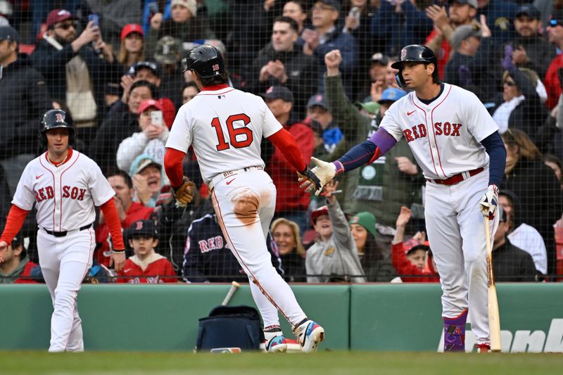 Apr 10, 2025; Boston, Massachusetts, USA; Boston Red Sox left fielder Jarren Duran (16) celebrates a run against the Toronto Blue Jays with first baseman Triston Casas (36) during the sixth inning at Fenway Park. Mandatory Credit: Eric Canha-Imagn Images