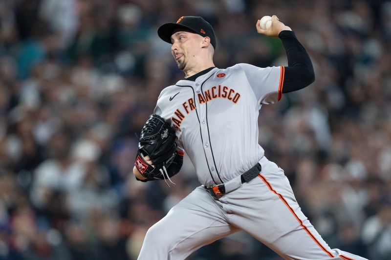 Aug 23, 2024; Seattle, Washington, USA; San Francisco Giants starter Blake Snell (7) delivers a pitch during the third inning against the Seattle Mariners  at T-Mobile Park. Mandatory Credit: Stephen Brashear-USA TODAY Sports