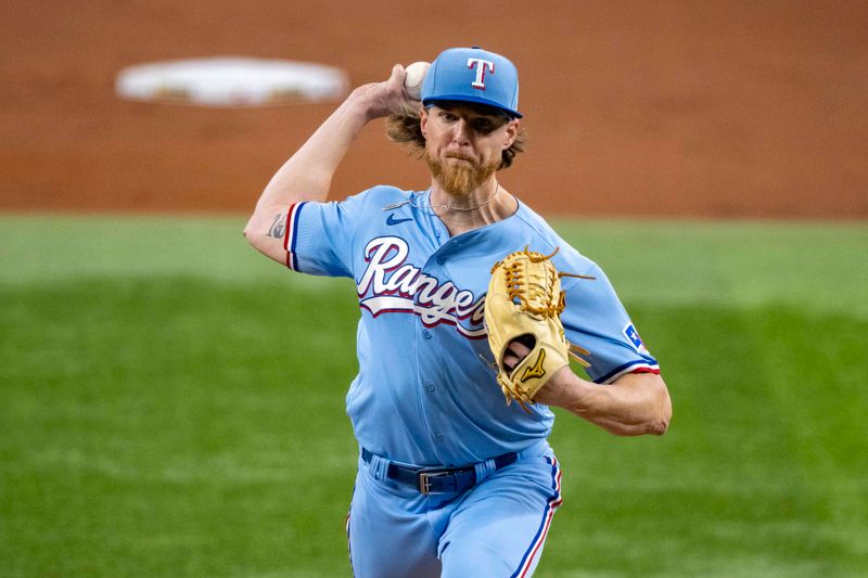 Sep 3, 2023; Arlington, Texas, USA; Texas Rangers starting pitcher Jon Gray (22) pitches against the Minnesota Twins during the first inning at Globe Life Field. Mandatory Credit: Jerome Miron-USA TODAY Sports