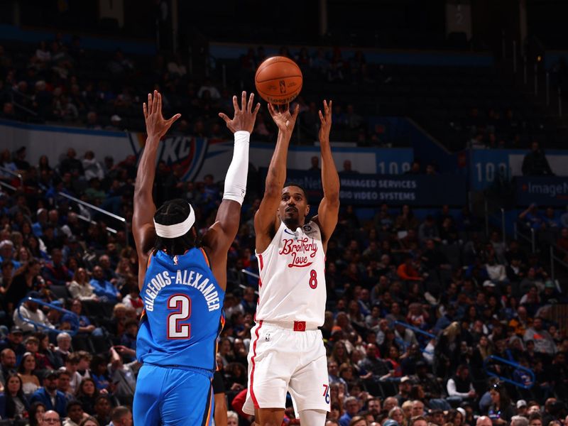 OKLAHOMA CITY, OK - DECEMBER 31: De'Anthony Melton #8 of the Philadelphia 76ers shoots the ball while defended by Shai Gilgeous-Alexander #2 of the Oklahoma City Thunder on December 31, 2022 at Paycom Arena in Oklahoma City, Oklahoma. NOTE TO USER: User expressly acknowledges and agrees that, by downloading and or using this photograph, User is consenting to the terms and conditions of the Getty Images License Agreement. Mandatory Copyright Notice: Copyright 2022 NBAE (Photo by Zach Beeker/NBAE via Getty Images)