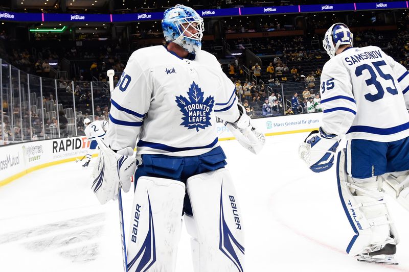 Apr 30, 2024; Boston, Massachusetts, USA; Toronto Maple Leafs goaltender Joseph Woll (60) and goaltender Ilya Samsonov (35) during warmups prior to the start of game five of the first round of the 2024 Stanley Cup Playoffs against the Boston Bruins at TD Garden. Mandatory Credit: Bob DeChiara-USA TODAY Sports