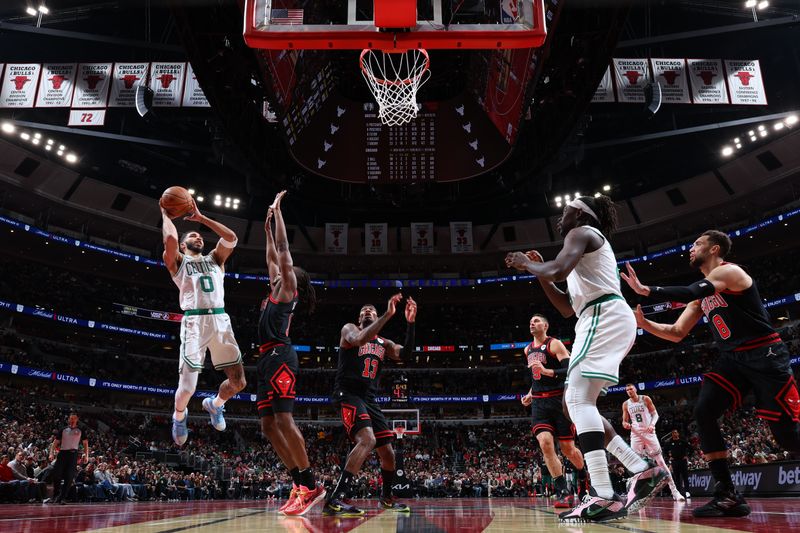 CHICAGO, IL - NOVEMBER 29: Jayson Tatum #0 of the Boston Celtics drives to the basket during the game against the Chicago Bulls during the Emirates NBA Cup game on November 29, 2024 at United Center in Chicago, Illinois. NOTE TO USER: User expressly acknowledges and agrees that, by downloading and or using this photograph, User is consenting to the terms and conditions of the Getty Images License Agreement. Mandatory Copyright Notice: Copyright 2024 NBAE (Photo by Jeff Haynes/NBAE via Getty Images)