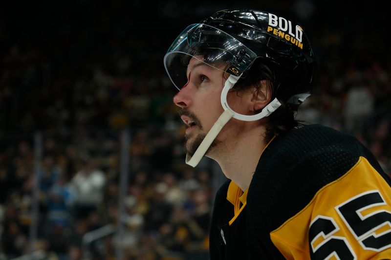 Mar 10, 2024; Pittsburgh, Pennsylvania, USA;  Pittsburgh Penguins defenseman Erik Karlsson (65) bleeds from the bridge of his nose after being high sticked by Edmonton Oilers left wing Warren Foegele (not pictured) during the second period at PPG Paints Arena. Mandatory Credit: Charles LeClaire-USA TODAY Sports