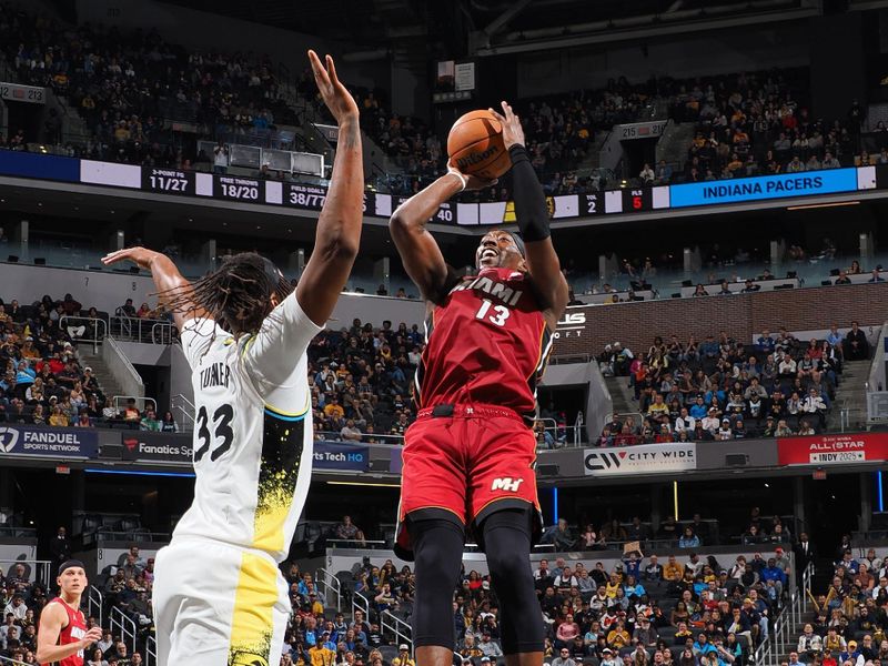 INDIANAPOLIS, IN - NOVEMBER 17: Bam Adebayo #13 of the Miami Heat shoots the ball during the game against the Indiana Pacers on November 17, 2024 at Gainbridge Fieldhouse in Indianapolis, Indiana. NOTE TO USER: User expressly acknowledges and agrees that, by downloading and or using this Photograph, user is consenting to the terms and conditions of the Getty Images License Agreement. Mandatory Copyright Notice: Copyright 2024 NBAE (Photo by Ron Hoskins/NBAE via Getty Images)