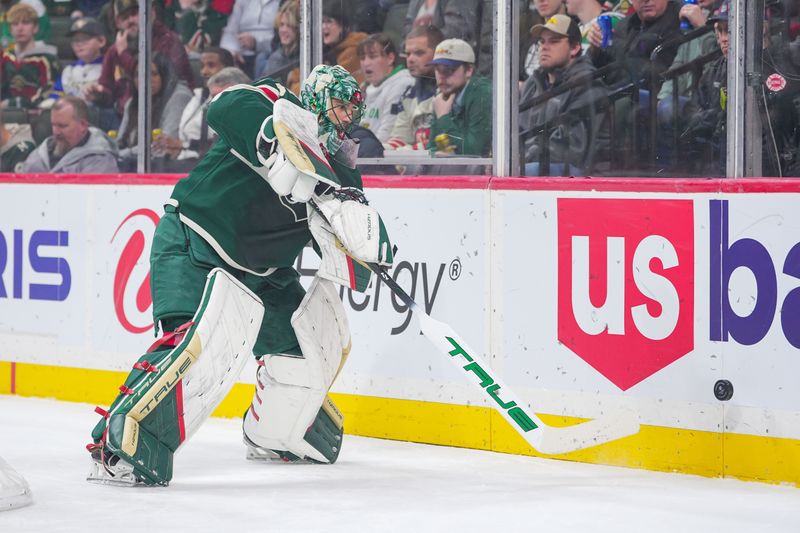 Apr 2, 2024; Saint Paul, Minnesota, USA; Minnesota Wild goaltender Marc-Andre Fleury (29) passes against the Ottawa Senators in the first period at Xcel Energy Center. Mandatory Credit: Brad Rempel-USA TODAY Sports