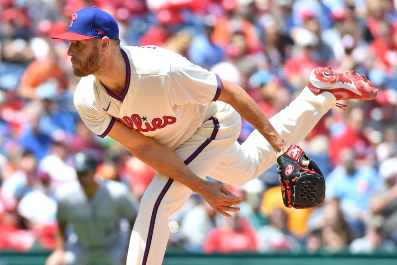 Apr 23, 2023; Philadelphia, Pennsylvania, USA; Philadelphia Phillies starting pitcher Zack Wheeler (45) throws a pitch against the Colorado Rockies during the third inning at Citizens Bank Park. Mandatory Credit: Eric Hartline-USA TODAY Sports