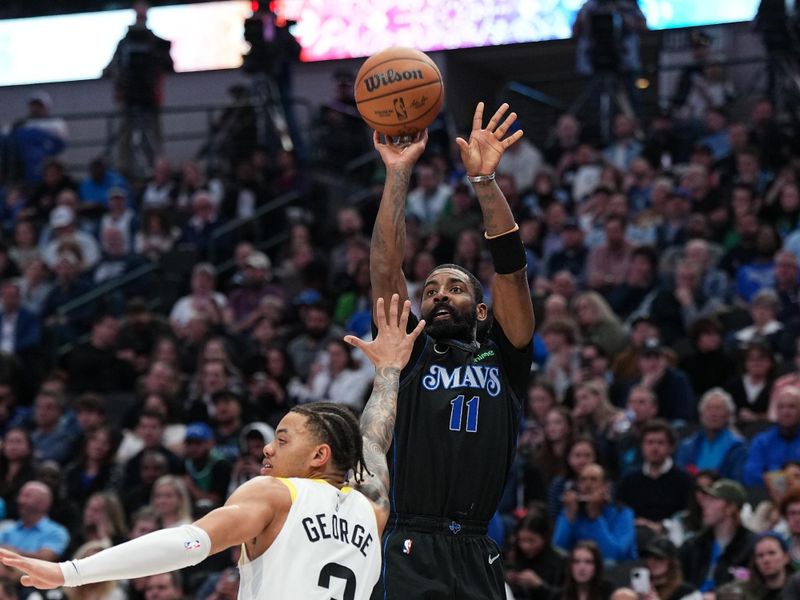 DALLAS, TX - MARCH 21: Kyrie Irving #11 of the Dallas Mavericks shoots a three point basket against the Utah Jazz on March 21, 2024 at the American Airlines Center in Dallas, Texas. NOTE TO USER: User expressly acknowledges and agrees that, by downloading and or using this photograph, User is consenting to the terms and conditions of the Getty Images License Agreement. Mandatory Copyright Notice: Copyright 2024 NBAE (Photo by Glenn James/NBAE via Getty Images)