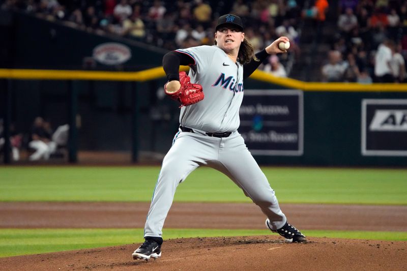 May 26, 2024; Phoenix, Arizona, USA; Miami Marlins pitcher Ryan Weathers (60) throws against the Arizona Diamondbacks in the first inning at Chase Field. Mandatory Credit: Rick Scuteri-USA TODAY Sports