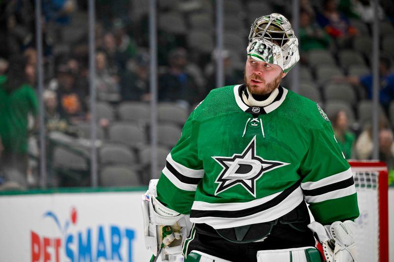 Sep 26, 2022; Dallas, Texas, USA; Dallas Stars goaltender Anton Khudobin (35) reacts to giving up a second goal to the St. Louis Blues during the first period at the American Airlines Center. Mandatory Credit: Jerome Miron-USA TODAY Sports