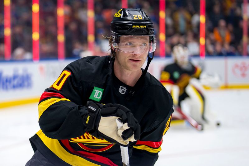 Nov 9, 2024; Vancouver, British Columbia, CAN; Vancouver Canucks forward Danton Heinen (20) skates during warm up prior to a game against the Edmonton Oilers at Rogers Arena. Mandatory Credit: Bob Frid-Imagn Images