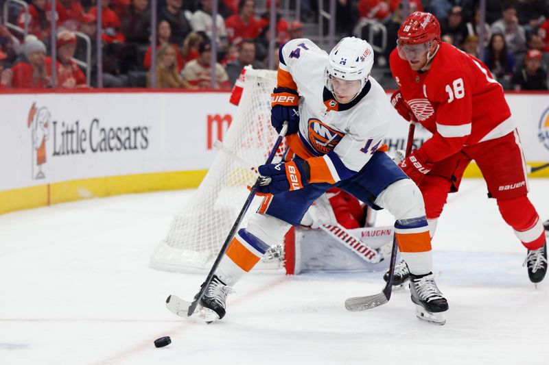 Feb 29, 2024; Detroit, Michigan, USA;  New York Islanders center Bo Horvat (14) skates with the puck in the third period against the Detroit Red Wings at Little Caesars Arena. Mandatory Credit: Rick Osentoski-USA TODAY Sports