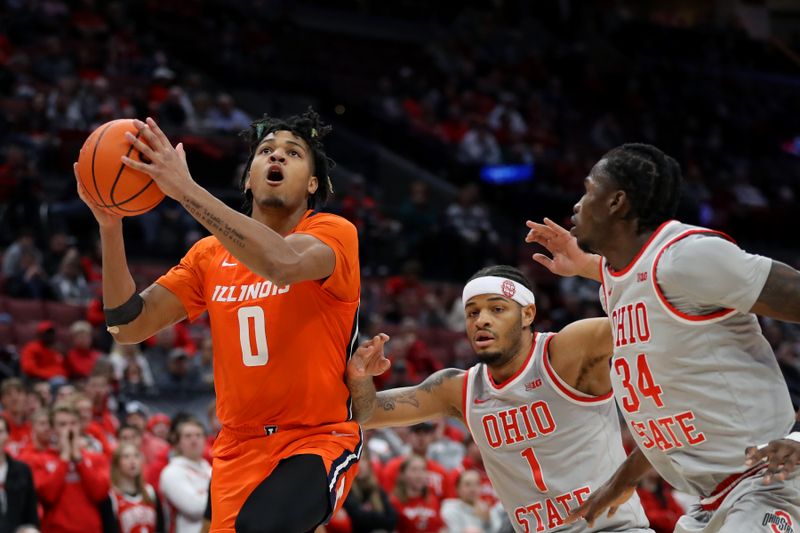 Jan 30, 2024; Columbus, Ohio, USA; Illinois Fighting Illini guard Terrence Shannon Jr. (0) goes to the basket for the score as Ohio State Buckeyes center Felix Okpara (34)  and guard Roddy Gayle Jr. (1) defend during the first half at Value City Arena. Mandatory Credit: Joseph Maiorana-USA TODAY Sports