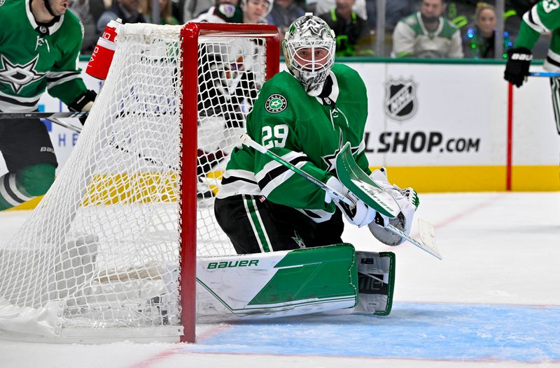 Nov 14, 2023; Dallas, Texas, USA; Dallas Stars goaltender Jake Oettinger (29) faces the Arizona Coyotes attack during the third period at the American Airlines Center. Mandatory Credit: Jerome Miron-USA TODAY Sports