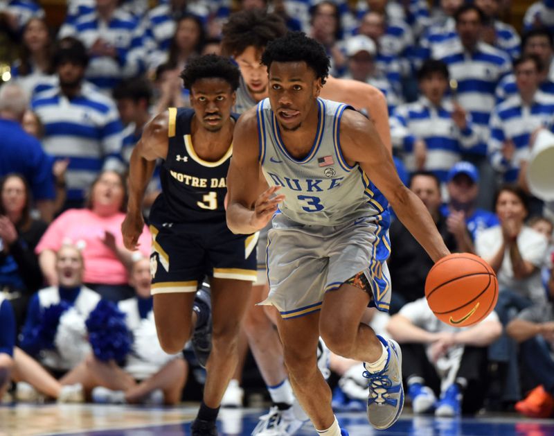 Feb 14, 2023; Durham, North Carolina, USA;  Duke Blue Devils guard Jeremy Roach (3) dribbles up court after a steal against the Notre Dame Fighting Irish during the second half at Cameron Indoor Stadium.  The Blue Devils won 68-64. Mandatory Credit: Rob Kinnan-USA TODAY Sports