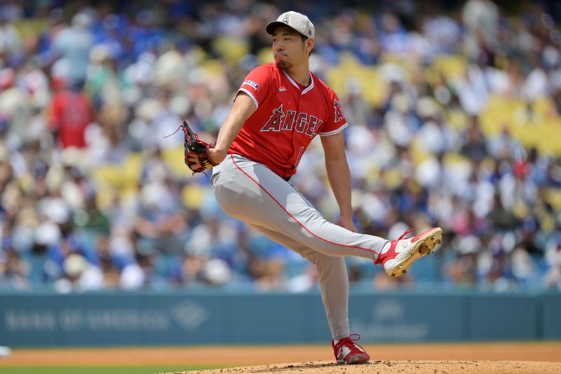 May 18, 2025; Los Angeles, California, USA; Los Angeles Angels pitcher Yusei Kikuchi (16) pitches in the first inning against the Los Angeles Dodgers at Dodger Stadium. Mandatory Credit: Jayne Kamin-Oncea-Imagn Images