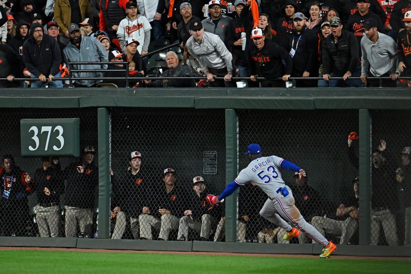 Oct 8, 2023; Baltimore, Maryland, USA; Texas Rangers right fielder Adolis Garcia (53) fields a double hit by Baltimore Orioles shortstop Jorge Mateo (not pictured) during the sixth inning during game two of the ALDS for the 2023 MLB playoffs at Oriole Park at Camden Yards. Mandatory Credit: Tommy Gilligan-USA TODAY Sports