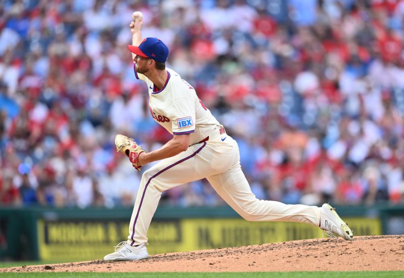Aug 28, 2024; Philadelphia, Pennsylvania, USA; Philadelphia Phillies relief pitcher Michael Mercado (63) throws a pitch against the Houston Astros in the seventh inning at Citizens Bank Park. Mandatory Credit: Kyle Ross-USA TODAY Sports