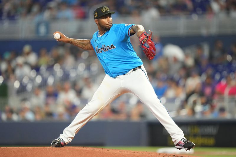 May 19, 2024; Miami, Florida, USA;  Miami Marlins starting pitcher Sixto Sánchez (18) pitches in the first inning against the New York Mets at loanDepot Park. Mandatory Credit: Jim Rassol-USA TODAY Sports