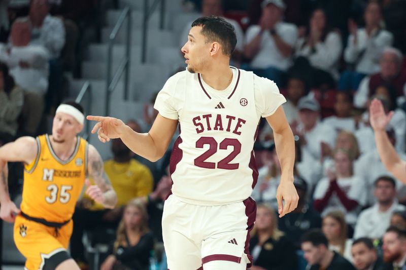 Feb 1, 2025; Starkville, Mississippi, USA; Mississippi State Bulldogs forward RJ Melendez (22) reacts after a three point basket during the first half at Humphrey Coliseum. Mandatory Credit: Wesley Hale-Imagn Images