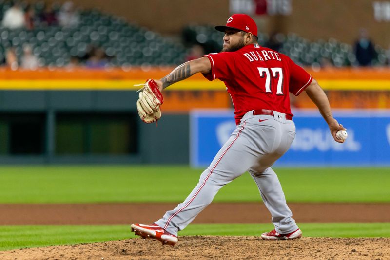 Sep 13, 2023; Detroit, Michigan, USA; Cincinnati Reds relief pitcher Daniel Duarte (77) throws in the eighth inning against the Detroit Tigers at Comerica Park. Mandatory Credit: David Reginek-USA TODAY Sports