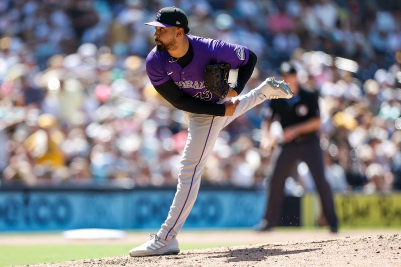 Aug 4, 2024; San Diego, California, USA;  Colorado Rockies relief pitcher Anthony Molina (43) throws a pitch during the seventh inning against the San Diego Padres at Petco Park. Mandatory Credit: David Frerker-USA TODAY Sports