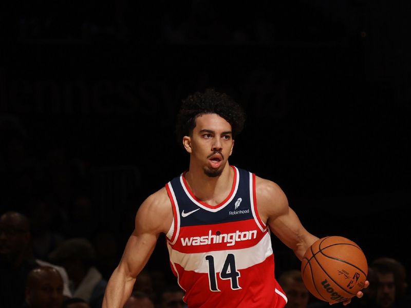 WASHINGTON, DC -? JANUARY 31: Jules Bernard #14 of the Washington Wizards handles the ball during the game   on January 31, 2024 at Capital One Arena in Washington, DC. NOTE TO USER: User expressly acknowledges and agrees that, by downloading and or using this Photograph, user is consenting to the terms and conditions of the Getty Images License Agreement. Mandatory Copyright Notice: Copyright 2024 NBAE (Photo by Stephen Gosling/NBAE via Getty Images)