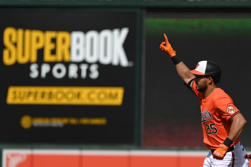 Jun 1, 2024; Baltimore, Maryland, USA;  Baltimore Orioles outfielder Anthony Santander (25) reacts after hitting a solo home run in the first inning against the Tampa Bay Rays at Oriole Park at Camden Yards. Mandatory Credit: Tommy Gilligan-USA TODAY Sports