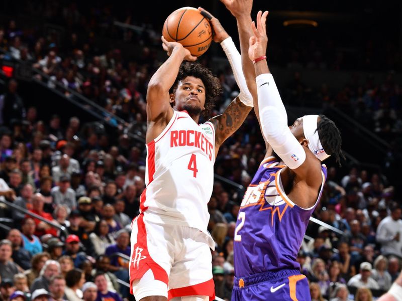 PHOENIX, AZ - MARCH 2: Jalen Green #4 of the Houston Rockets shoots the ball during the game against the Phoenix Suns on March 2, 2024 at Footprint Center in Phoenix, Arizona. NOTE TO USER: User expressly acknowledges and agrees that, by downloading and or using this photograph, user is consenting to the terms and conditions of the Getty Images License Agreement. Mandatory Copyright Notice: Copyright 2024 NBAE (Photo by Barry Gossage/NBAE via Getty Images)