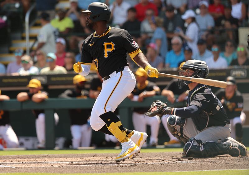 Mar 24, 2024; Bradenton, Florida, USA;Pittsburgh Pirates outfielder Andrew McCutchen (22) singles during the first inning against the New York Yankees  at LECOM Park. Mandatory Credit: Kim Klement Neitzel-USA TODAY Sports