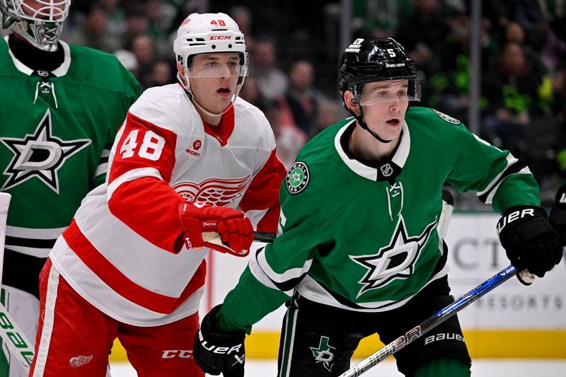 Jan 19, 2025; Dallas, Texas, USA; Detroit Red Wings right wing Jonatan Berggren (48) and Dallas Stars defenseman Nils Lundkvist (5) look for the puck during the first period at the American Airlines Center. Mandatory Credit: Jerome Miron-Imagn Images