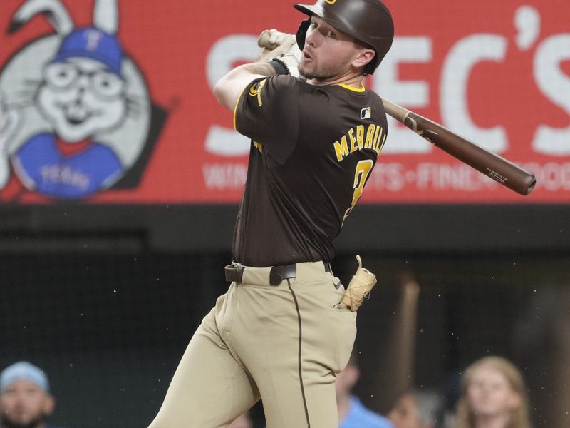 Jul 3, 2024; Arlington, Texas, USA; San Diego Padres center fielder Jackson Merrill (3) follows through on his RBI single against the Texas Rangers during the fifth inning at Globe Life Field. Mandatory Credit: Jim Cowsert-USA TODAY Sports