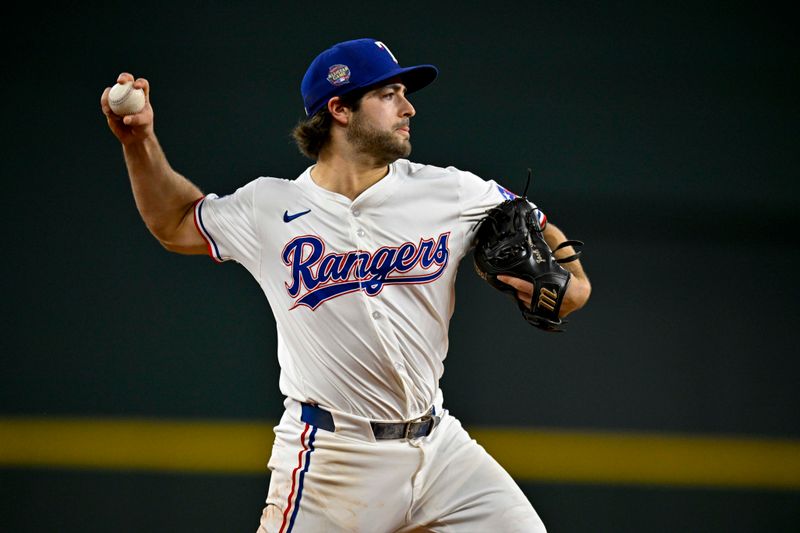 Apr 27, 2024; Arlington, Texas, USA; Texas Rangers third baseman Josh Smith (8) throws to first base during the sixth inning against the Cincinnati Reds at Globe Life Field. Mandatory Credit: Jerome Miron-USA TODAY Sports