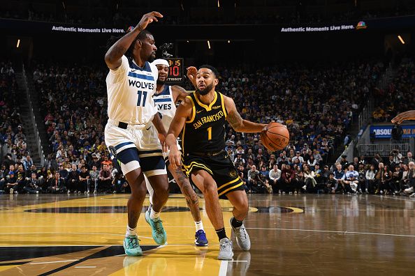 SAN FRANCISCO, CA - NOVEMBER 14: Cory Joseph #1 of the Golden State Warriors drives to the basket during the game against the Minnesota Timberwolves during the In-Season Tournament on November 14, 2023 at Chase Center in San Francisco, California. NOTE TO USER: User expressly acknowledges and agrees that, by downloading and or using this photograph, user is consenting to the terms and conditions of Getty Images License Agreement. Mandatory Copyright Notice: Copyright 2023 NBAE (Photo by Noah Graham/NBAE via Getty Images)