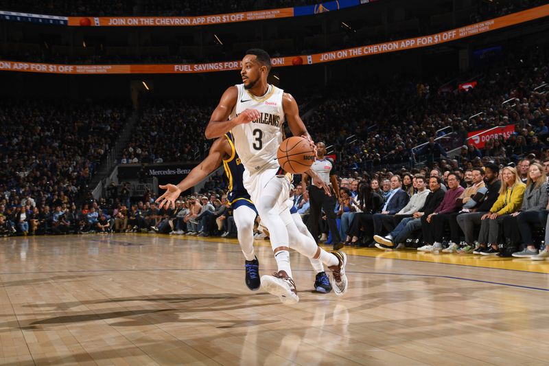 SAN FRANCISCO, CA - APRIL 12:  CJ McCollum #3 of the New Orleans Pelicans goes to the basket during the game on April 12, 2024 at Chase Center in San Francisco, California. NOTE TO USER: User expressly acknowledges and agrees that, by downloading and or using this photograph, user is consenting to the terms and conditions of Getty Images License Agreement. Mandatory Copyright Notice: Copyright 2024 NBAE (Photo by Noah Graham/NBAE via Getty Images)