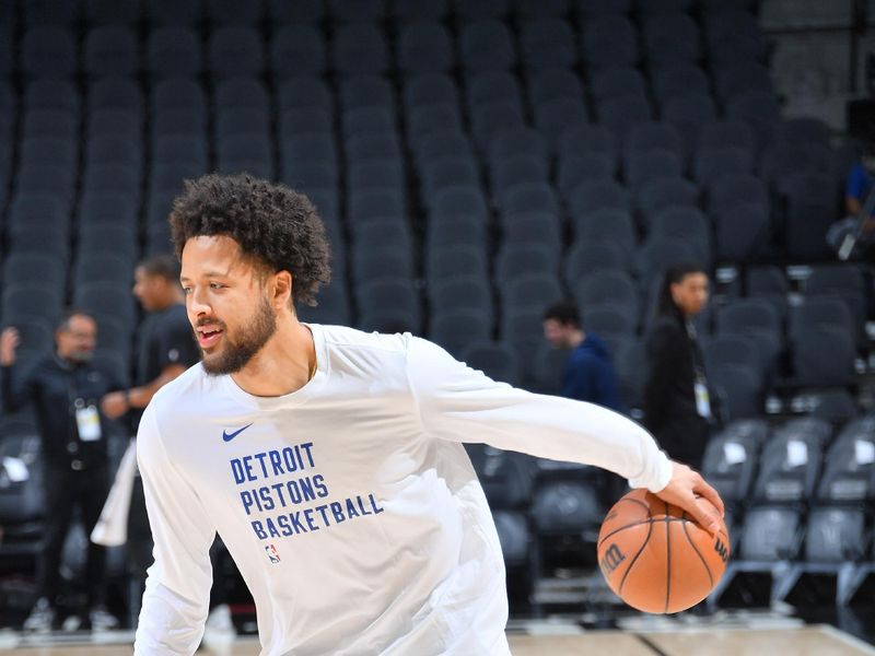 SAN ANTONIO, TX - APRIL 14: Cade Cunningham #2 of the Detroit Pistons warms up before the game the game  against the San Antonio Spurs on April 14, 2024 at the Frost Bank Center in San Antonio, Texas. NOTE TO USER: User expressly acknowledges and agrees that, by downloading and or using this photograph, user is consenting to the terms and conditions of the Getty Images License Agreement. Mandatory Copyright Notice: Copyright 2024 NBAE (Photos by Michael Gonzales/NBAE via Getty Images)