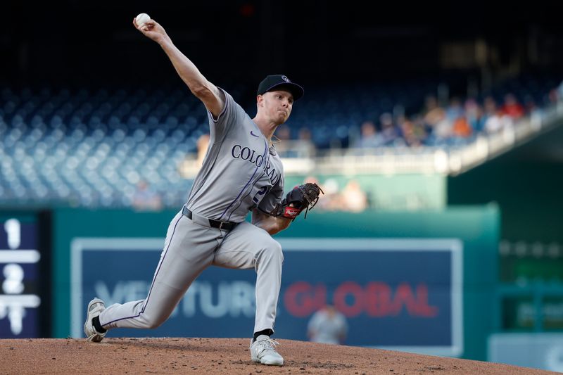 Aug 21, 2024; Washington, District of Columbia, USA; Colorado Rockies starting pitcher Tanner Gordon (29) pitches against the Washington Nationals during the first inning at Nationals Park. Mandatory Credit: Geoff Burke-USA TODAY Sports