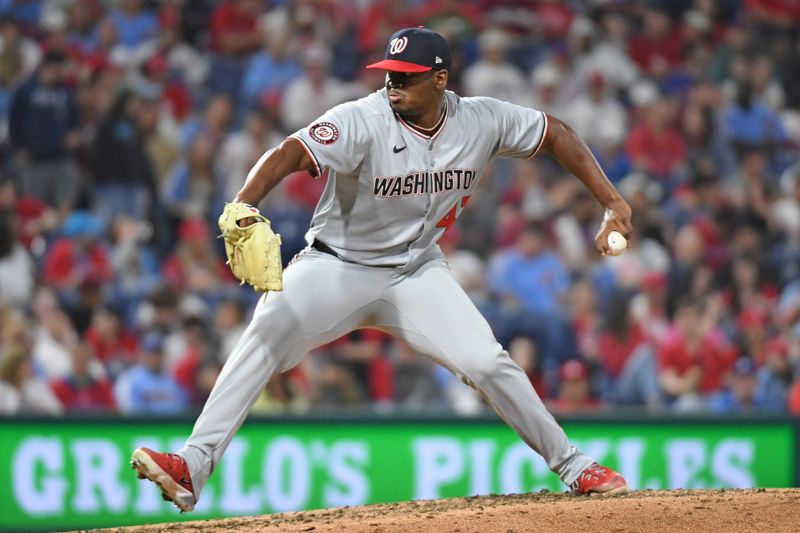 May 1, 2025; Philadelphia, Pennsylvania, USA; Washington Nationals pitcher Jose A. Ferrer (47) throws a pitch during the seventh inning against the Philadelphia Phillies at Citizens Bank Park. Mandatory Credit: Eric Hartline-Imagn Images