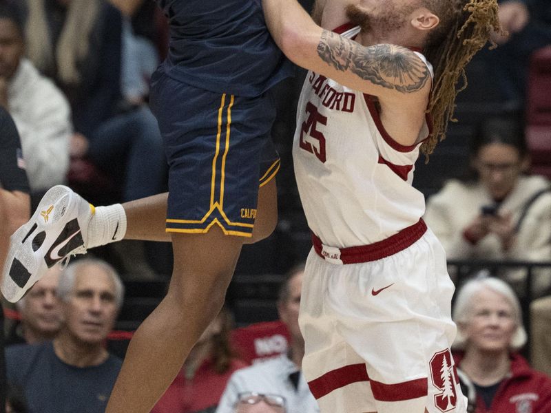 Jan 24, 2026; Stanford, California, USA;  California Golden Bears guard Dai Dai Ames (7) attempts to shoot over Stanford Cardinal guard Jeremy Dent-Smith (25) during the first half at Maples Pavilion. Mandatory Credit: Stan Szeto-Imagn Images