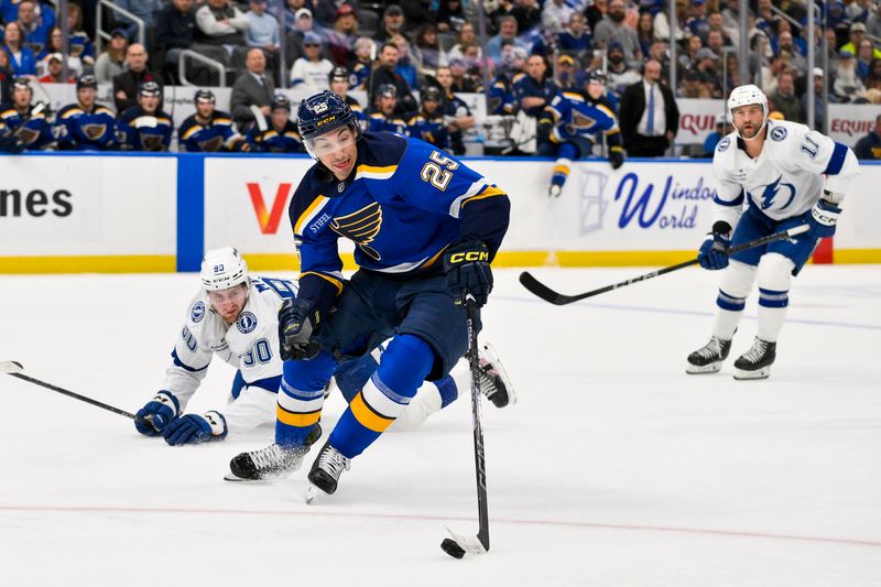 Nov 5, 2024; St. Louis, Missouri, USA;  St. Louis Blues center Jordan Kyrou (25) controls the puck against the Tampa Bay Lightning during the second period at Enterprise Center. Mandatory Credit: Jeff Curry-Imagn Images
