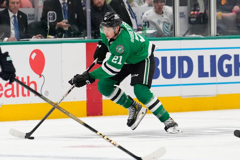 Oct 13, 2024; Dallas, Texas, USA;  Dallas Stars left wing Jason Robertson (21) in action against the Seattle Kraken during the second period at American Airlines Center. Mandatory Credit: Chris Jones-Imagn Images